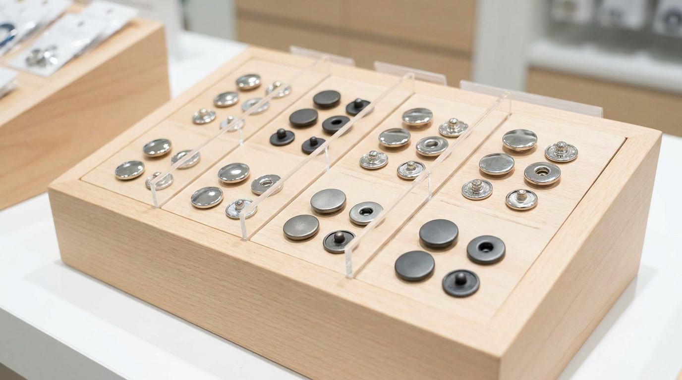 snap buttons for bodysuit, Snap buttons for bodysuit applications are displayed in multiple sizes and metal finishes on a wooden sample board.